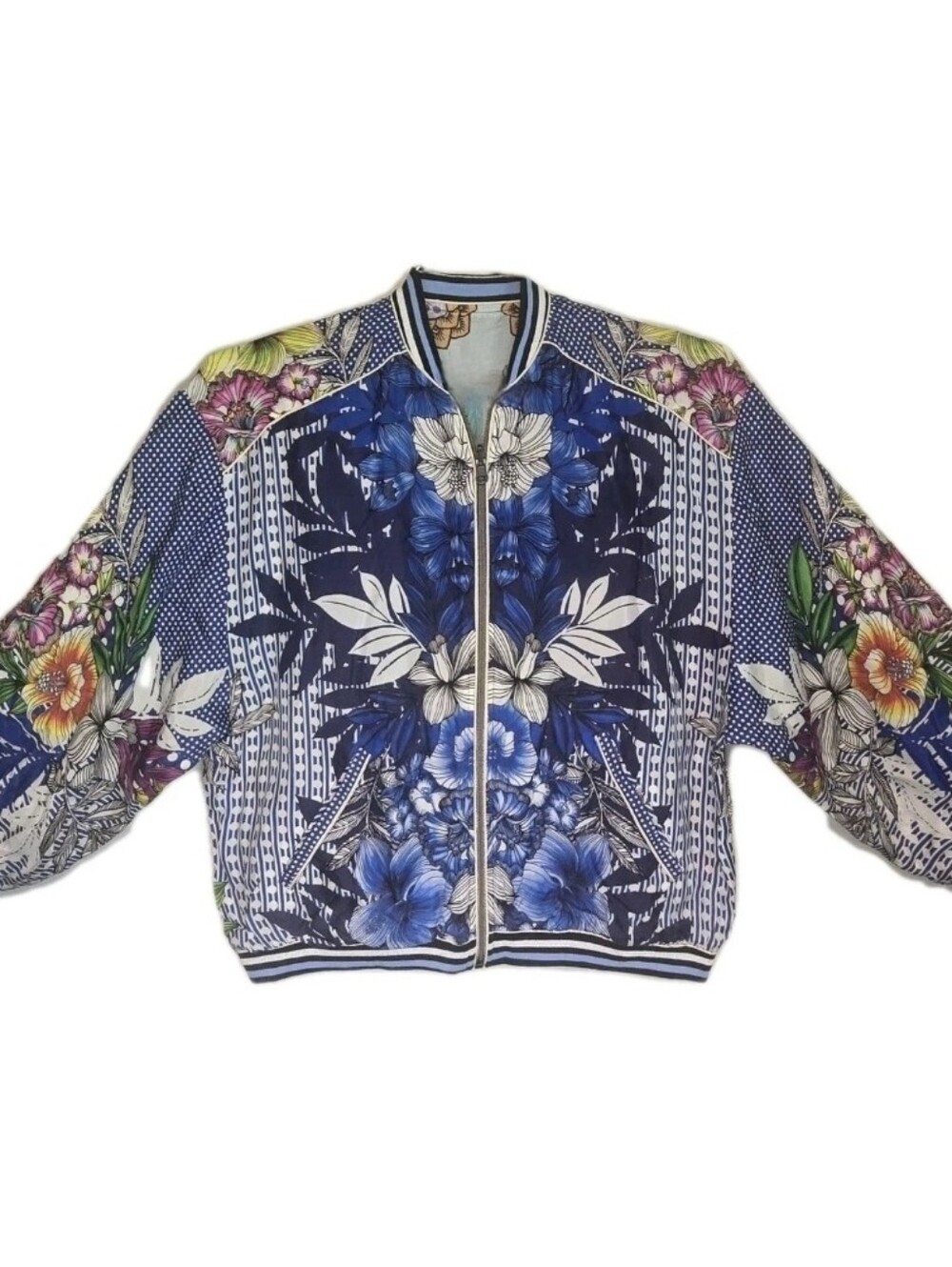 Johnny Was Reversible Floral Bomber Jacket Blue Print Boho Luxe Women's X-Small